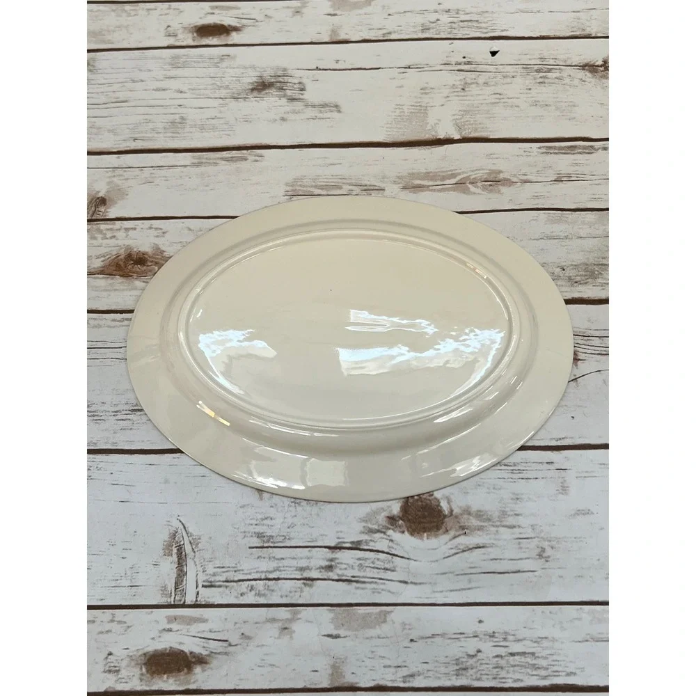 VTG MCM Serving Platter Green Cream Oval Ceramic Minimalist 14.5in